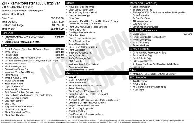 2017 RAM ProMaster Cargo Van Base
